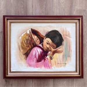VINTAGE ORIGINAL OIL ON CANVAS PAINTING, CHINESE‎ GIRL WITH CHILD, ARTIST SIGNED